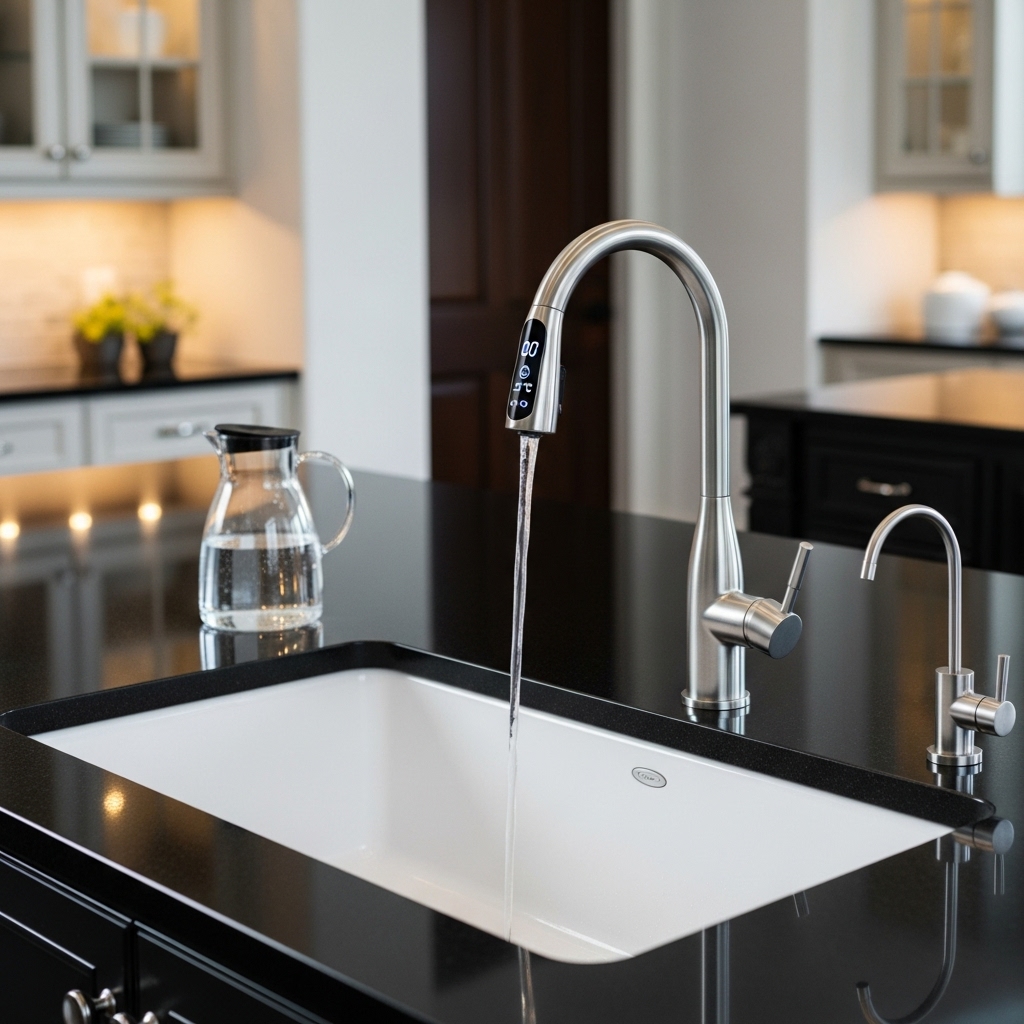 Image illustrating the benefits of water filtration: clean skin and hair, bright laundry, and a clear glass of drinking water.